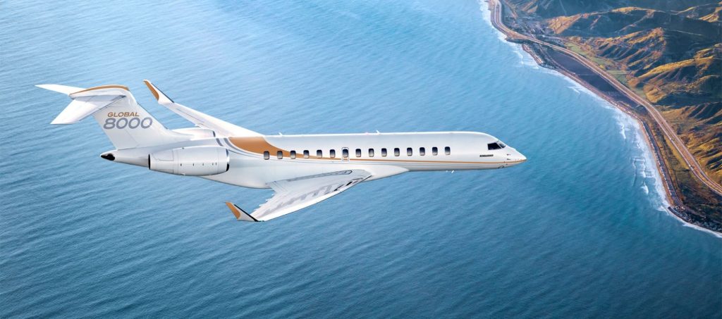 Global 8000 private jets over ocean